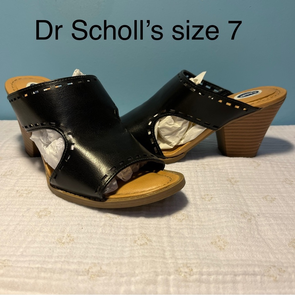 Dr Scholl's Black Faux Leather Perforated Cut Out Open Toe Heeled Mules Clogs 7